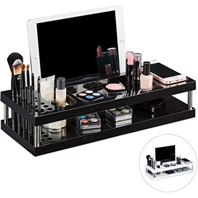 Relaxdays Organizador de Maquillaje, Compartimento para Tablet y Smartphone, Soporte para labiales, Negro. Relaxdays Organizador de Maquillaje, Compartimento para Tablet y Smartphone, Soporte para labiales, Negro.