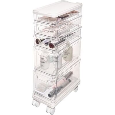 InterDesign iDesign The Sarah Tanno Collection Carrito organizador de cosméticos apilable con 5 cajones, transparente y blanco InterDesign iDesign The Sarah Tanno Collection Carrito organizador de cosméticos apilable con 5 cajones, transparente y blanco
