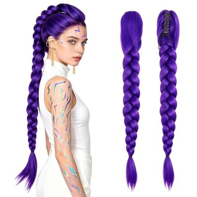 Omnikryp Peluca Morada, 62cm Peluca de Anime para Cosplay Pelo Sintético para Trenzar Color Lila con Pinza, para Halloween, Accesorios de Cosplay Omnikryp Peluca Morada, 62cm Peluca de Anime para Cosplay Pelo Sintético para Trenzar Color Lila con Pinza, para Halloween, Accesorios de Cosplay