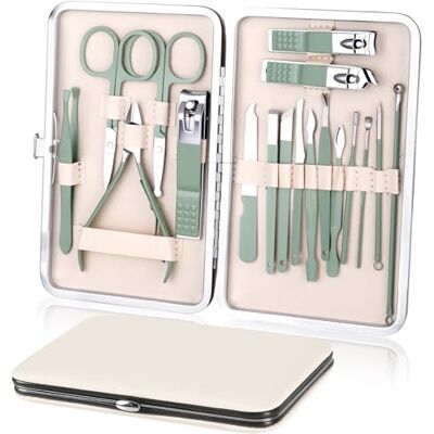 URAQT Manicura Pedicura Set, 18 Piezas Cortaúñas, Tijeras de Uñas con Herramientas Remover Cutícula, Acero Inoxidable, Profesional Cortaúñas para Viajes y hogar, con Caja de Cuero, Verde URAQT Manicura Pedicura Set, 18 Piezas Cortaúñas, Tijeras de Uñas con Herramientas Remover Cutícula, Acero Inoxidable, Profesional Cortaúñas para Viajes y hogar, con Caja de Cuero, Verde