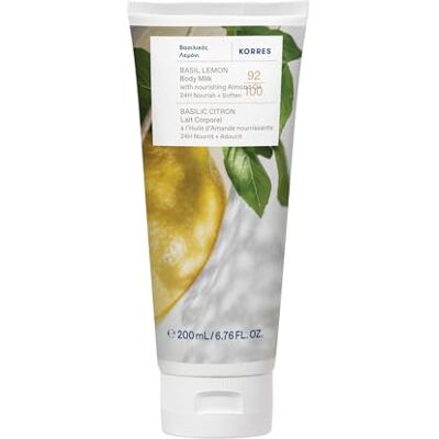 KORRES BASIL LEMON Leche corporal con aceite de almendras nutritivo, para 24 horas de cuidado y suavidad, vegana, sin siliconas ni parabenos, 200 ml KORRES BASIL LEMON Leche corporal con aceite de almendras nutritivo, para 24 horas de cuidado y suavidad, vegana, sin siliconas ni parabenos, 200 ml