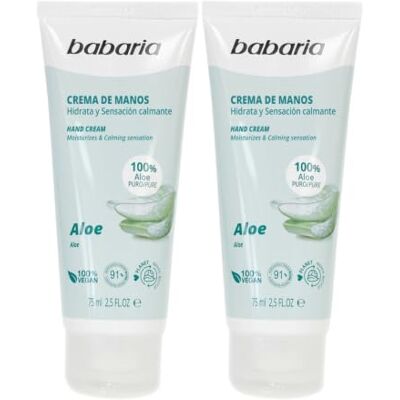 Babaria Crema de Manos Reparadora con Aloe Vera Hidratante Y Reparadora Pack de 2 Hand Cream Rápida Absorción Perfecta Para Llevar en el Bolso 75 ml Babaria Crema de Manos Reparadora con Aloe Vera Hidratante Y Reparadora Pack de 2 Hand Cream Rápida Absorción Perfecta Para Llevar en el Bolso 75 ml