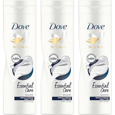 Dove Body Love Leche Corporal Hidratante Essential Care, Para Piel Seca, 48H de Hidratación, Piel Suave y Lisa, Con Glicerina y Ceramide Restoring Serum, 3x 400 ml Dove Body Love Leche Corporal Hidratante Essential Care, Para Piel Seca, 48H de Hidratación, Piel Suave y Lisa, Con Glicerina y Ceramide Restoring Serum, 3x 400 ml