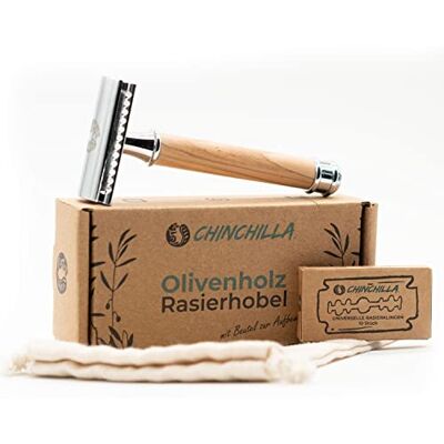 Chinchilla ® Maquinilla de afeitar para damas y hombre con mango de madera de olivo Afeitado en húmedo sostenible Incluye 10 hojas de afeitado & Con bolsa de almacenamiento Chinchilla ® Maquinilla de afeitar para damas y hombre con mango de madera de olivo Afeitado en húmedo sostenible Incluye 10 hojas de afeitado & Con bolsa de almacenamiento
