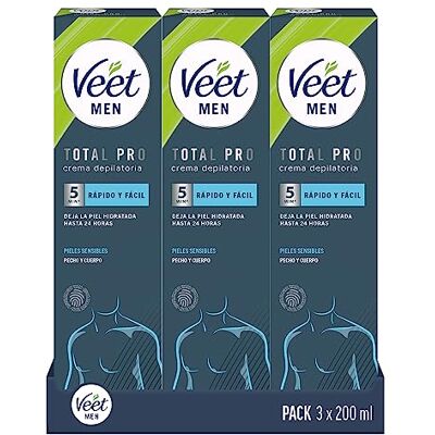 Veet Men Crema Depilatoria Masculina para Pecho Espalda Brazos y Piernas, Pieles Sensibles, 3 x 200ml Veet Men Crema Depilatoria Masculina para Pecho Espalda Brazos y Piernas, Pieles Sensibles, 3 x 200ml