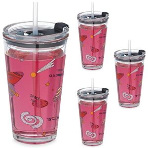 Relaxdays Set de 4 Vasos Infantiles, Diseño Espacio, Tapa y Pajita, 450ml, Vasito Cristal Niños, para Zumo, Transparente Relaxdays Set de 4 Vasos Infantiles, Diseño Espacio, Tapa y Pajita, 450ml, Vasito Cristal Niños, para Zumo, Transparente