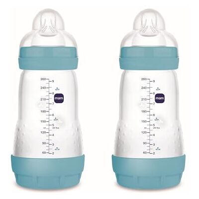 MAM Pack 2 Biberones Anticólicos, 2-4 Meses, 260ml, con con Tetina 2 Flujo Medio de Silicona de Fácil Aceptación, Autoesterilizable y Fácil de Limpiar, Easy Start Anti-Colic, Azul Mate, 2uds MAM Pack 2 Biberones Anticólicos, 2-4 Meses, 260ml, con con Tetina 2 Flujo Medio de Silicona de Fácil Aceptación, Autoesterilizable y Fácil de Limpiar, Easy Start Anti-Colic, Azul Mate, 2uds