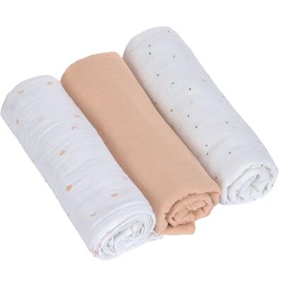 Lässig Puck manta de bebé pañales muselina set de 3 piezas algodón 85 x 85 cm/Swaddle & Burp Blanket L Moon peach Lässig Puck manta de bebé pañales muselina set de 3 piezas algodón 85 x 85 cm/Swaddle & Burp Blanket L Moon peach