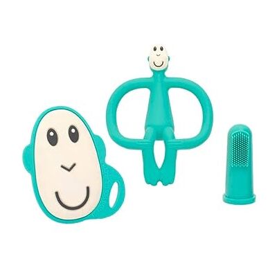 MATCHSTICK MONKEY , Antimicrobial Teething Starter Set 1 Flat Face Teether, 1 Animal Teether, 2 Silicone Finger Toothbrushes, Green Monkey, 3 Months Old+ MATCHSTICK MONKEY , Antimicrobial Teething Starter Set 1 Flat Face Teether, 1 Animal Teether, 2 Silicone Finger Toothbrushes, Green Monkey, 3 Months Old+