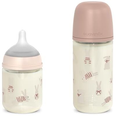 SUAVINEX , Pack 2 Biberones de Vidrio, Tetina Fisiológica SX Pro de Silicona con Válvula Anticolicos, Biberón 120 ml de Flujo Lento (S) + Biberón 240 ml de Flujo Medio (M), +0 Meses, Wonder Rosa SUAVINEX , Pack 2 Biberones de Vidrio, Tetina Fisiológica SX Pro de Silicona con Válvula Anticolicos, Biberón 120 ml de Flujo Lento (S) + Biberón 240 ml de Flujo Medio (M), +0 Meses, Wonder Rosa