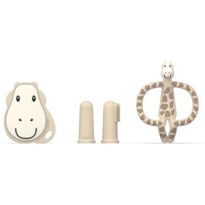 MATCHSTICK MONKEY , Antimicrobial Teething Starter Set 1 Flat Face Teether, 1 Animal Teether, 2 Silicone Finger Toothbrushes, 3 Months Old+, Gigi Giraffe MATCHSTICK MONKEY , Antimicrobial Teething Starter Set 1 Flat Face Teether, 1 Animal Teether, 2 Silicone Finger Toothbrushes, 3 Months Old+, Gigi Giraffe