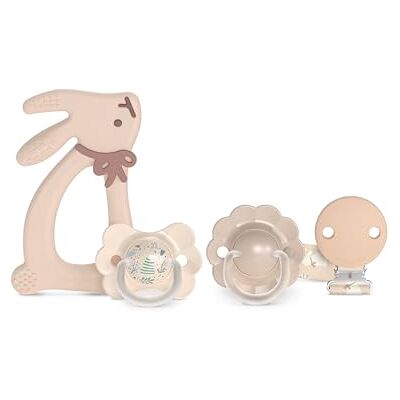SUAVINEX , Canastilla Recién Nacido. Set Regalo para Bebé con: 2 Chupetes con Tetina Fisiológica SX Pro para Bebés 0/6 Meses + Chupetero + Mordedor de Silicona. (4 Pcs). Wonder, Beige SUAVINEX , Canastilla Recién Nacido. Set Regalo para Bebé con: 2 Chupetes con Tetina Fisiológica SX Pro para Bebés 0/6 Meses + Chupetero + Mordedor de Silicona. (4 Pcs). Wonder, Beige