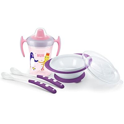 NUK Set de aprendizaje de comida Trainer Cup Vaso para aprender a beber (230 ml) Cuenco y cuchara para aprender a comer a partir de 6 meses Sin BPA lila 4 piezas NUK Set de aprendizaje de comida Trainer Cup Vaso para aprender a beber (230 ml) Cuenco y cuchara para aprender a comer a partir de 6 meses Sin BPA lila 4 piezas