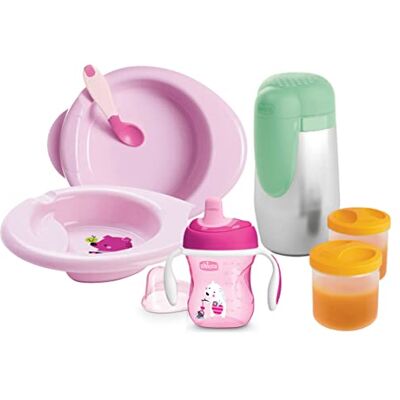 Chicco Set Vajilla Silicona Bebé 6 m+, Juego Vajilla para Destete con Plato Térmico, Plato Llano, Vaso de Aprendizaje para Bebé, Cuchara, Termo Acero Inoxidable y 2 Contenedores de Comida, Color Rosa Chicco Set Vajilla Silicona Bebé 6 m+, Juego Vajilla para Destete con Plato Térmico, Plato Llano, Vaso de Aprendizaje para Bebé, Cuchara, Termo Acero Inoxidable y 2 Contenedores de Comida, Color Rosa