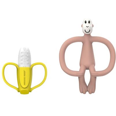 MATCHSTICK MONKEY , Antimicrobial Teething Gift Set 1 Banana Shaped Soother and 1 Animal Teether, 3 Months Old+, Banana & Monkey Dusty Pink MATCHSTICK MONKEY , Antimicrobial Teething Gift Set 1 Banana Shaped Soother and 1 Animal Teether, 3 Months Old+, Banana & Monkey Dusty Pink