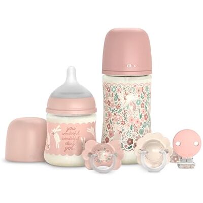 SUAVINEX , Canastilla, Set Regalo Recién Nacido con Biberones Anticólicos de 150 ml Flujo Lento + 270 ml Flujo Medio + 2 Chupetes 0/6 Meses con Tetina Fisiológica SX Pro + Chupetero. Wonderland Rosa SUAVINEX , Canastilla, Set Regalo Recién Nacido con Biberones Anticólicos de 150 ml Flujo Lento + 270 ml Flujo Medio + 2 Chupetes 0/6 Meses con Tetina Fisiológica SX Pro + Chupetero. Wonderland Rosa