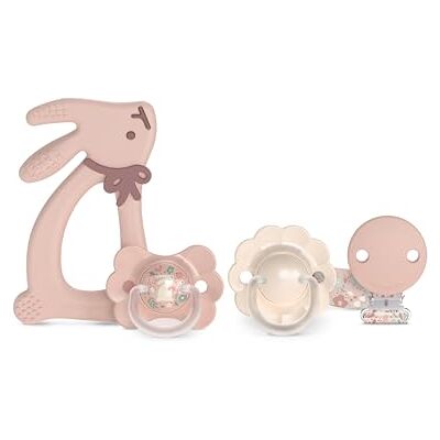 SUAVINEX , Canastilla Recién Nacido. Set Regalo para Bebé con: 2 Chupetes con Tetina Fisiológica SX Pro para Bebés 0/6 Meses + Chupetero + Mordedor de Silicona. (4 Pcs). Wonder, Rosa SUAVINEX , Canastilla Recién Nacido. Set Regalo para Bebé con: 2 Chupetes con Tetina Fisiológica SX Pro para Bebés 0/6 Meses + Chupetero + Mordedor de Silicona. (4 Pcs). Wonder, Rosa