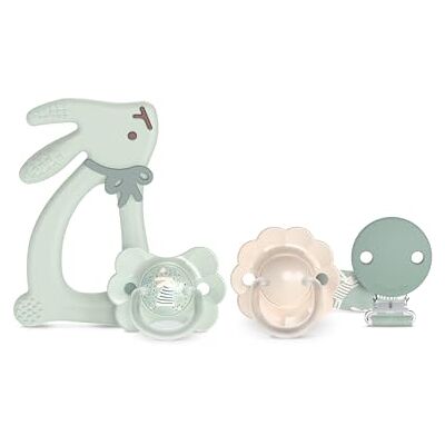 SUAVINEX , Canastilla Recién Nacido. Set Regalo para Bebé con: 2 Chupetes con Tetina Fisiológica SX Pro para Bebés 0/6 Meses + Chupetero + Mordedor de Silicona. (4 Pcs). Wonder, Verde SUAVINEX , Canastilla Recién Nacido. Set Regalo para Bebé con: 2 Chupetes con Tetina Fisiológica SX Pro para Bebés 0/6 Meses + Chupetero + Mordedor de Silicona. (4 Pcs). Wonder, Verde