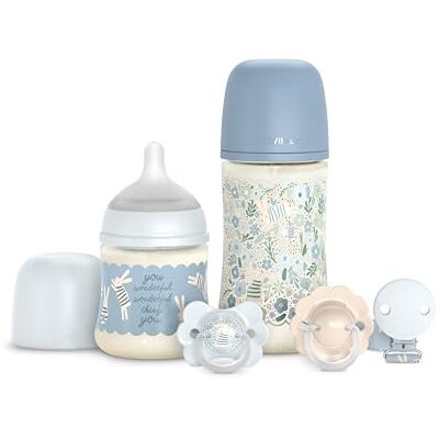 SUAVINEX , Canastilla, Set Regalo Recién Nacido con Biberones Anticólicos de 150 ml Flujo Lento + 270 ml Flujo Medio + 2 Chupetes 0/6 Meses con Tetina Fisiológica SX Pro + Chupetero. Wonderland Azul SUAVINEX , Canastilla, Set Regalo Recién Nacido con Biberones Anticólicos de 150 ml Flujo Lento + 270 ml Flujo Medio + 2 Chupetes 0/6 Meses con Tetina Fisiológica SX Pro + Chupetero. Wonderland Azul