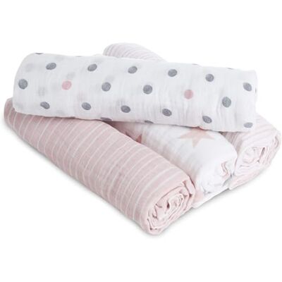 aden + anais Essentials Manta de muselina 100% algodón para bebés y niños, 112 x 112 cm, juego de envoltura para recién nacidos, regalo de ducha para bebés y niños pequeños, paquete de 4, muñeca aden + anais Essentials Manta de muselina 100% algodón para bebés y niños, 112 x 112 cm, juego de envoltura para recién nacidos, regalo de ducha para bebés y niños pequeños, paquete de 4, muñeca