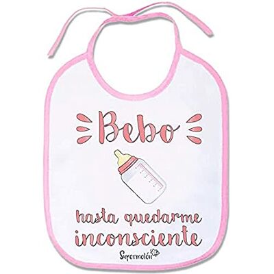 SUPERMOLON "Bebo Hasta Quedarme Inconsciente" Babero Bebe con Cordones, Rosa Pastel, unisex SUPERMOLON "Bebo Hasta Quedarme Inconsciente" Babero Bebe con Cordones, Rosa Pastel, unisex
