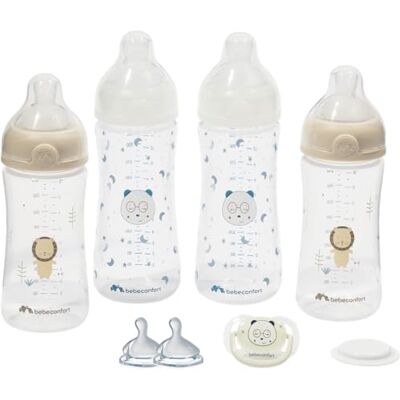 Bebeconfort Physio Air Grow-with-Me Bottle Kit, Anti-Colic Baby Bottles, Newborn Essentials, 0+ months, Includes 4 Feeding Bottles, 3 Teats Sizes, Physiological Shaped Soother, Glow-in-the-Dark Design Bebeconfort Physio Air Grow-with-Me Bottle Kit, Anti-Colic Baby Bottles, Newborn Essentials, 0+ months, Includes 4 Feeding Bottles, 3 Teats Sizes, Physiological Shaped Soother, Glow-in-the-Dark Design