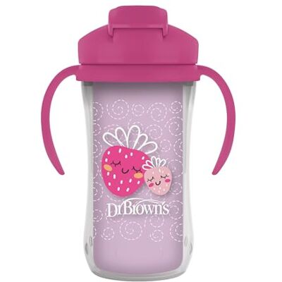 Dr. Brown's Milestones Vaso aislado con popote y asas, vaso a prueba de derrames con tapa, fresas rosas, 10 onzas/300 ml, sin BPA, más de 12 m Dr. Brown's Milestones Vaso aislado con popote y asas, vaso a prueba de derrames con tapa, fresas rosas, 10 onzas/300 ml, sin BPA, más de 12 m