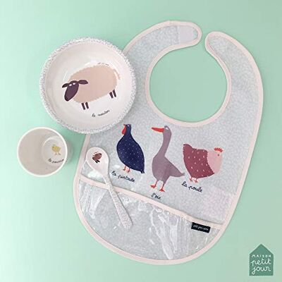 Farm First Meal con un babero y animales de granja Farm First Meal con un babero y animales de granja