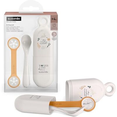SUAVINEX , Set Cuchara y Estuche Portacucharas y Sujeta-baberos, para Comer Fuera de Casa, Cubiertos para Llevar, con Cuchara de Aprendizaje, Apto Lavavajillas, Bebés +4 Meses, Diseño Wonderland, Beige SUAVINEX , Set Cuchara y Estuche Portacucharas y Sujeta-baberos, para Comer Fuera de Casa, Cubiertos para Llevar, con Cuchara de Aprendizaje, Apto Lavavajillas, Bebés +4 Meses, Diseño Wonderland, Beige