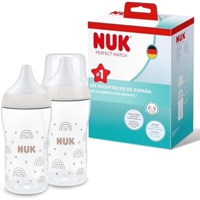 NUK Set de biberones Perfect Match de +3 meses Se adapta al bebé como el pecho de mama Control de temperatura Ventilación anticólico 260 ml Tetina mediana Arcoíris 2 uds. NUK Set de biberones Perfect Match de +3 meses Se adapta al bebé como el pecho de mama Control de temperatura Ventilación anticólico 260 ml Tetina mediana Arcoíris 2 uds.