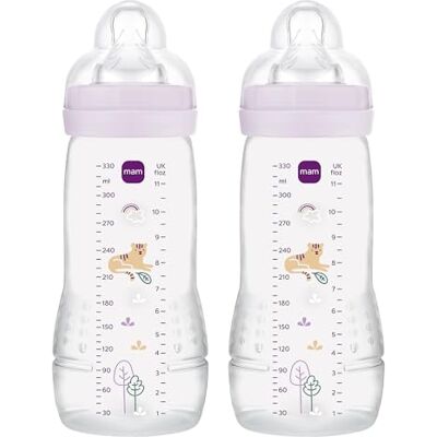 MAM Pack 2 Biberones, a partir de 4 Meses, 330ml, con Tetina 3 de Flujo Rápido de Silicona de Fácil Aceptación, Fácil de Sostener, Fácil de Limpiar, Easy Active, Purple, Pack de 2uds MAM Pack 2 Biberones, a partir de 4 Meses, 330ml, con Tetina 3 de Flujo Rápido de Silicona de Fácil Aceptación, Fácil de Sostener, Fácil de Limpiar, Easy Active, Purple, Pack de 2uds