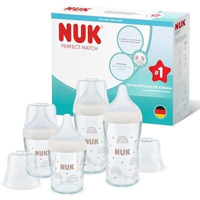 NUK Perfect Match Set de biberones de cristal +3 meses Se adapta al paladar Control de temperatura Ventilación anticólico 120 y 230 ml Sin BPA Tetinas de silicona Arcoíris 4 uds. NUK Perfect Match Set de biberones de cristal +3 meses Se adapta al paladar Control de temperatura Ventilación anticólico 120 y 230 ml Sin BPA Tetinas de silicona Arcoíris 4 uds.