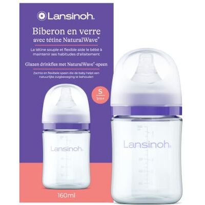 Lansinoh Biberón de Cristal para leche materna de con tetina NaturalWave de flujo lento. Ecológico y cuida el medioambiente. Evita la confusión de la tetina con el pezón. 4 biberones de 160 ml Lansinoh Biberón de Cristal para leche materna de con tetina NaturalWave de flujo lento. Ecológico y cuida el medioambiente. Evita la confusión de la tetina con el pezón. 4 biberones de 160 ml