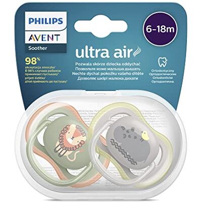 AVENT Paquete de 2 chupetes Philips ultra air Chupete sin BPA para bebés de entre 6 y 18 meses (modelo ) León/Hipopótamo AVENT Paquete de 2 chupetes Philips ultra air Chupete sin BPA para bebés de entre 6 y 18 meses (modelo ) León/Hipopótamo