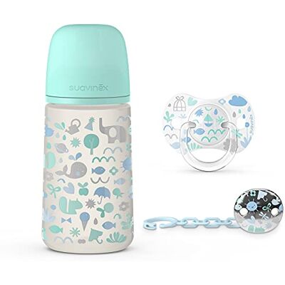 SUAVINEX , Pack Recién Nacido Sx Pro 0-6 Meses. Contiene: Biberón Anticólico de 270 ml Flujo Medio + Chupete Tétina Fisiológica Sx Pro en Silicona + Cadena Sujeta Chupete. 3 Productos. Memories Azul SUAVINEX , Pack Recién Nacido Sx Pro 0-6 Meses. Contiene: Biberón Anticólico de 270 ml Flujo Medio + Chupete Tétina Fisiológica Sx Pro en Silicona + Cadena Sujeta Chupete. 3 Productos. Memories Azul