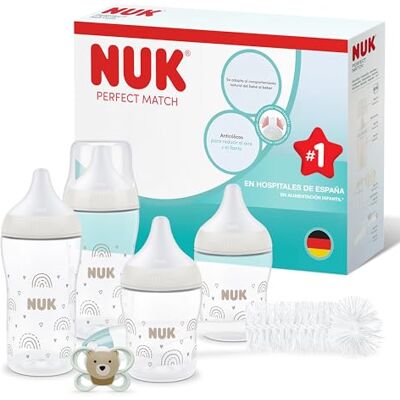 NUK Perfect Match Perfect Start Set de Biberones para Recién Nacidos 0-6 Meses 4 Biberones Anticólicos (150 ml, 260 ml), 1 Chupete Air, 1 Cepillo para Biberones Arcoíris 6 Piezas NUK Perfect Match Perfect Start Set de Biberones para Recién Nacidos 0-6 Meses 4 Biberones Anticólicos (150 ml, 260 ml), 1 Chupete Air, 1 Cepillo para Biberones Arcoíris 6 Piezas
