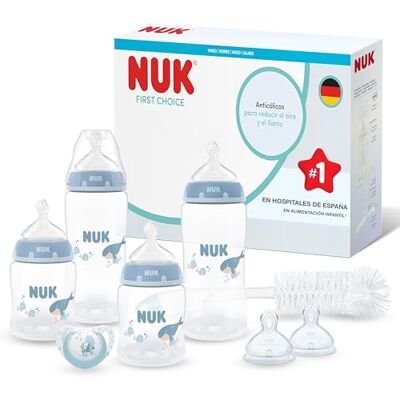 NUK First Choice Perfect Start Set de Biberones para Recién Nacidos 0-6 Meses 4 Anticólicos (150 ml, 300 ml), 2 Tetinas, 1 Chupete, 1 Cepillo para Biberones Ballena 8 Piezas NUK First Choice Perfect Start Set de Biberones para Recién Nacidos 0-6 Meses 4 Anticólicos (150 ml, 300 ml), 2 Tetinas, 1 Chupete, 1 Cepillo para Biberones Ballena 8 Piezas