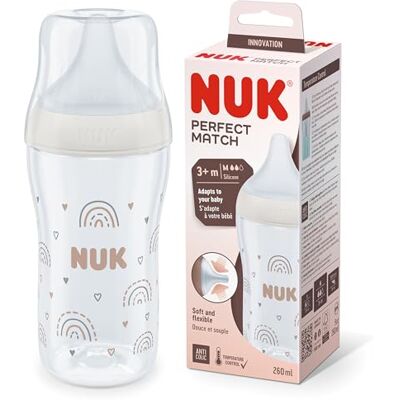 NUK Biberón Perfect Match de +3 meses Se adapta al bebé como el pecho de mama Control de temperatura Ventilación anticólico 260 ml Tetina de silicona mediana Arcoíris NUK Biberón Perfect Match de +3 meses Se adapta al bebé como el pecho de mama Control de temperatura Ventilación anticólico 260 ml Tetina de silicona mediana Arcoíris