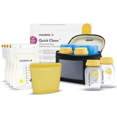 Medela kit todo en uno para almacenamiento de leche materna con biberones de 150 ml, Easy Pour y reutilizables, bolsa para microondas Quick Clean y nevera portátil con placa de refrigeración moldeada Medela kit todo en uno para almacenamiento de leche materna con biberones de 150 ml, Easy Pour y reutilizables, bolsa para microondas Quick Clean y nevera portátil con placa de refrigeración moldeada