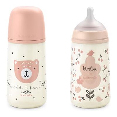 SUAVINEX , Pack 2 Biberones 270 ml, Tetina Fisiológica SX Pro de Silicona con Válvula Anticólico, Flujo Medio (M), Líquidos Densidad Media, Leche, Zumos, Agua. Bebés +3 Meses. Birdies, Wild&Free, Rosa SUAVINEX , Pack 2 Biberones 270 ml, Tetina Fisiológica SX Pro de Silicona con Válvula Anticólico, Flujo Medio (M), Líquidos Densidad Media, Leche, Zumos, Agua. Bebés +3 Meses. Birdies, Wild&Free, Rosa