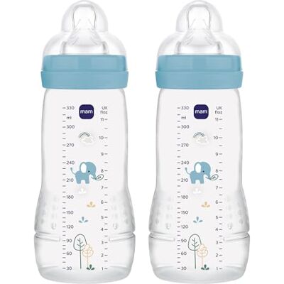 MAM Pack 2 Biberones, a partir de 4 Meses, 330ml, con Tetina 3 de Flujo Rápido de Silicona de Fácil Aceptación, Fácil de Sostener, Fácil de Limpiar, Easy Active, Azul Brillante, Pack de 2uds MAM Pack 2 Biberones, a partir de 4 Meses, 330ml, con Tetina 3 de Flujo Rápido de Silicona de Fácil Aceptación, Fácil de Sostener, Fácil de Limpiar, Easy Active, Azul Brillante, Pack de 2uds