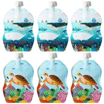 ChooMee Bolsas Reutilizables Comida Bebé Sin BPA Bolsitas Antifugas para Smoothies, Purés y Papillas Rellenables, Doble Cierre, Base Ancha 6 Uds, 230 ml SeaLife ChooMee Bolsas Reutilizables Comida Bebé Sin BPA Bolsitas Antifugas para Smoothies, Purés y Papillas Rellenables, Doble Cierre, Base Ancha 6 Uds, 230 ml SeaLife