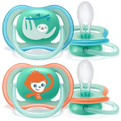 AVENT Philips Pack de 2 chupetes Ultra Air, tetina extrafirme para 18m+, apta para la piel sensible, con estuche de esterilización, color verde y naranja AVENT Philips Pack de 2 chupetes Ultra Air, tetina extrafirme para 18m+, apta para la piel sensible, con estuche de esterilización, color verde y naranja