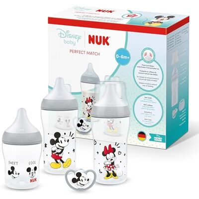 NUK Perfect Match Set de Biberones y Chupete para Recién Nacidos 0-6 Meses 3 Biberones Anticólicos (150 ml, 260 ml), 1 Chupete Perfect Match Air Disney el Ratón Mickey 4 Piezas NUK Perfect Match Set de Biberones y Chupete para Recién Nacidos 0-6 Meses 3 Biberones Anticólicos (150 ml, 260 ml), 1 Chupete Perfect Match Air Disney el Ratón Mickey 4 Piezas