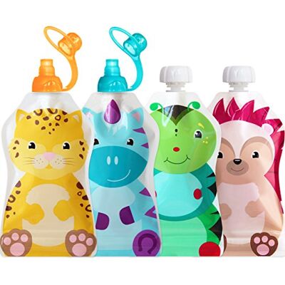 ChooMee Bolsas Reutilizables para Comida de Bebé + Tapas de Silicona SoftSip Sin BPA, Antifugas, para Smoothies, Purés y Yogur Doble Cierre y Base Ancha 4 Uds, 140 ml FreshSquad ChooMee Bolsas Reutilizables para Comida de Bebé + Tapas de Silicona SoftSip Sin BPA, Antifugas, para Smoothies, Purés y Yogur Doble Cierre y Base Ancha 4 Uds, 140 ml FreshSquad