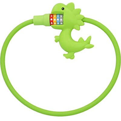 Fischer Candado de cable con diseño de dinosaurio para bicicleta, para niños, candado con combinación numérica de 4 niveles para 10.000 combinaciones, diámetro 10 cm, longitud 60 cm, color verde Fischer Candado de cable con diseño de dinosaurio para bicicleta, para niños, candado con combinación numérica de 4 niveles para 10.000 combinaciones, diámetro 10 cm, longitud 60 cm, color verde
