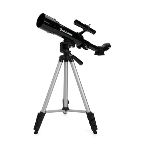 Celestron 21038 Travel Scope 50 Kit de telescopio Refractor portátil, Incluye Dos oculares, 3 Lentes Barlow, Diagonal Imagen erecta de 45°, trípode Ajustable y Bandeja para Accesorios, Negro