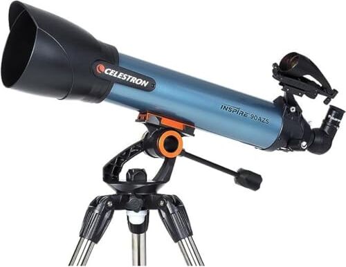 Celestron 22407 Inspire 90AZ Telescopio Refractor Corto con Adaptador Smartphone Integrado con 2 oculares, Espejo Diagonal de Imagen erguida 90°, trípode Ajustable y Bandeja para Accesorios, Azul