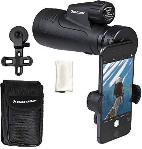 Celestron 72370 Outland X Monocular Resistente Agua 10x50 y Adaptador Smartphone, Bluetooth Remoto, Tapas oculares y Funda Carcasa Resistente, Prisma BaK-4 y óptica Revestimiento múltiple, Negro