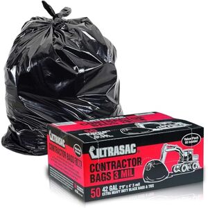ULTRASAC Bolsas para contratistas resistentes (paquete de 50 lazos), 42 galones, 32.7 x 47 pulgadas, bolsas de basura industriales grandes negras de 3 mil de grosor para construcción y uso comercial ULTRASAC Bolsas para contratistas resistentes (paquete de 50 lazos), 42 galones, 32.7 x 47 pulgadas, bolsas de basura industriales grandes negras de 3 mil de grosor para construcción y uso comercial
